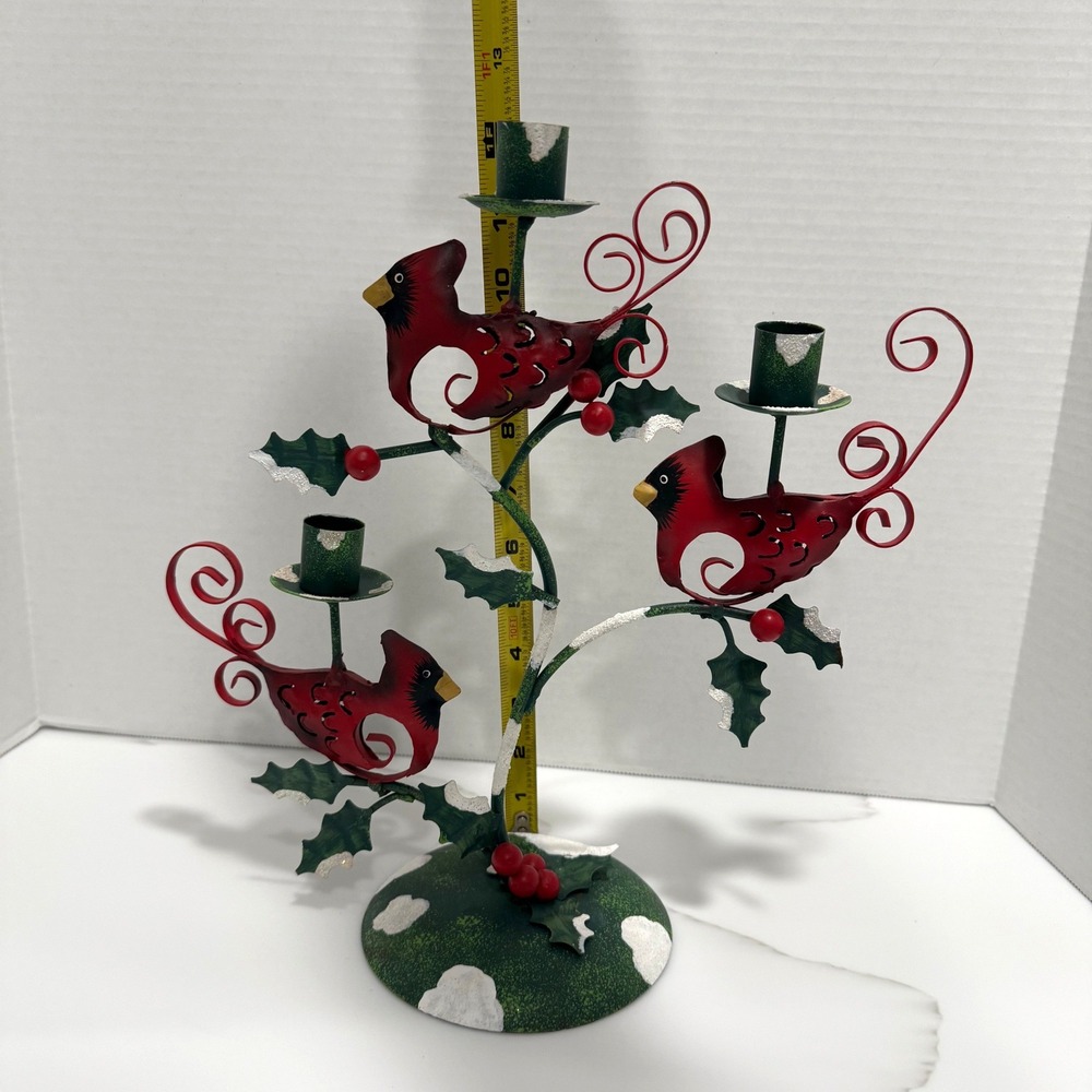 VTG Metal Cardinal Taper 3-Candle Holder Rustic Christmas Holly Bird Centerpiece - Picture 10 of 14
